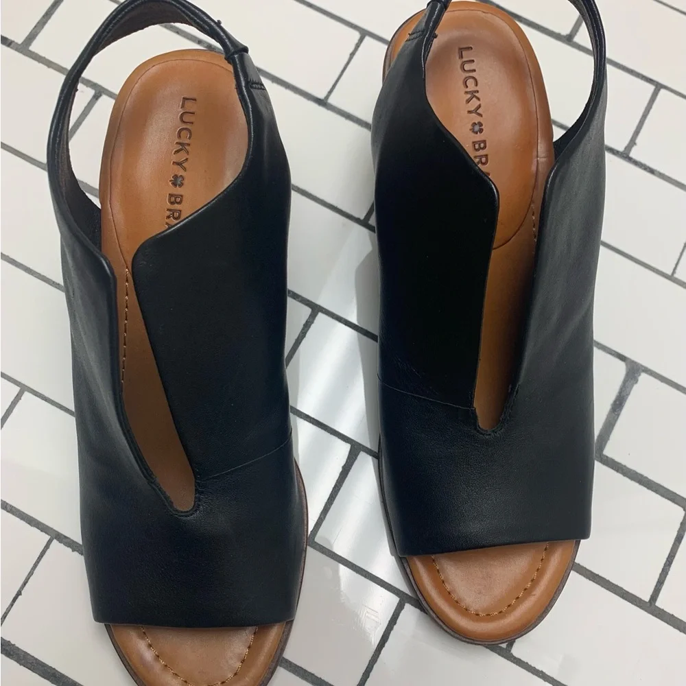 Lucky Brand Black Leather Rhazy Open Toe Shoes Size 8.5 - Picture 4 of 9